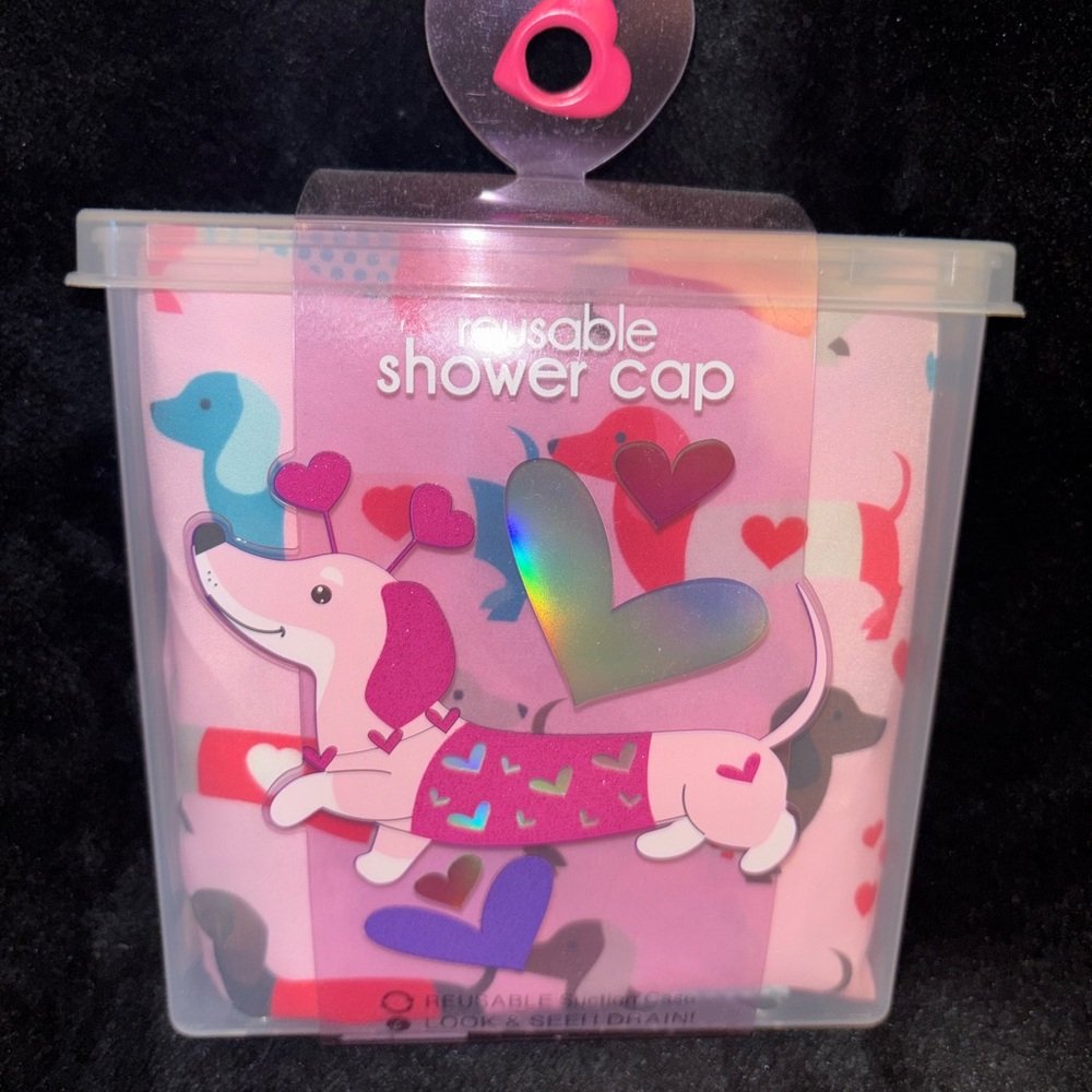 Reusable Pink Dachshund Shower Cap - Heart Print